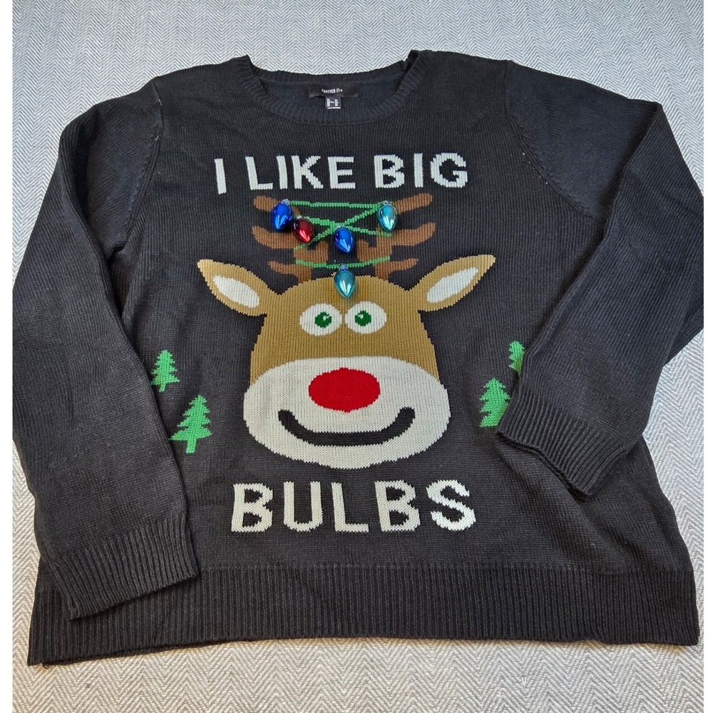 Forever 21+ Reindeer I Like Big Bulbs Ugly Christmas Sweater Black Plus Size 3X